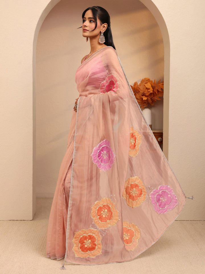 Libas Beige Floral Embellished Organza Saree
