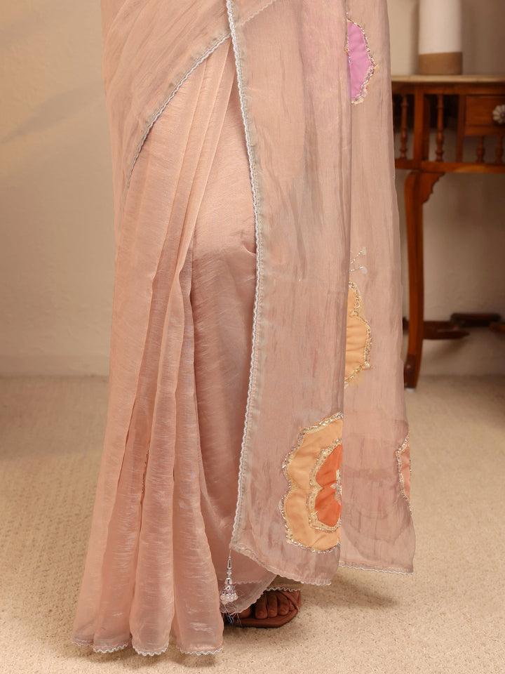 Libas Beige Floral Embellished Organza Saree