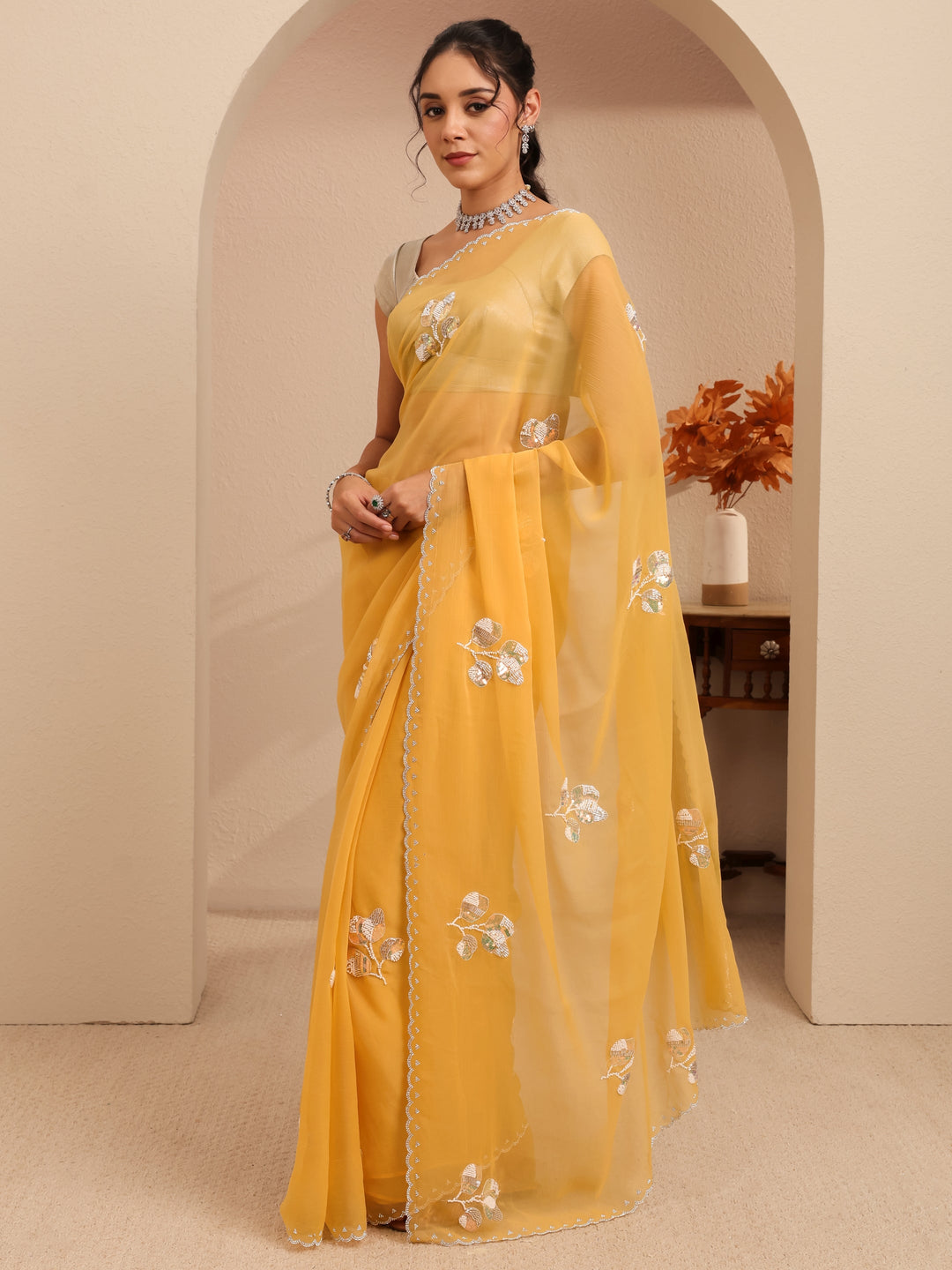 Libas Mustard Yellow Floral Embellished Tissue Saree