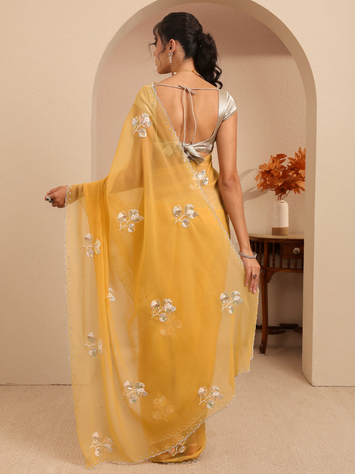 Libas Mustard Yellow Floral Embellished Tissue Saree
