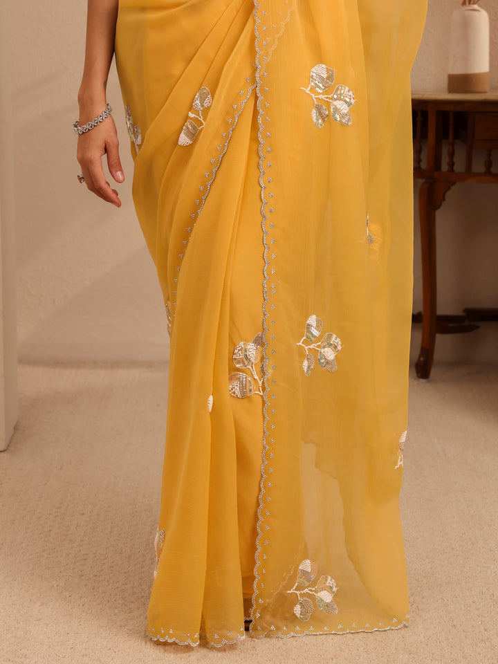 Libas Mustard Yellow Floral Embellished Tissue Saree
