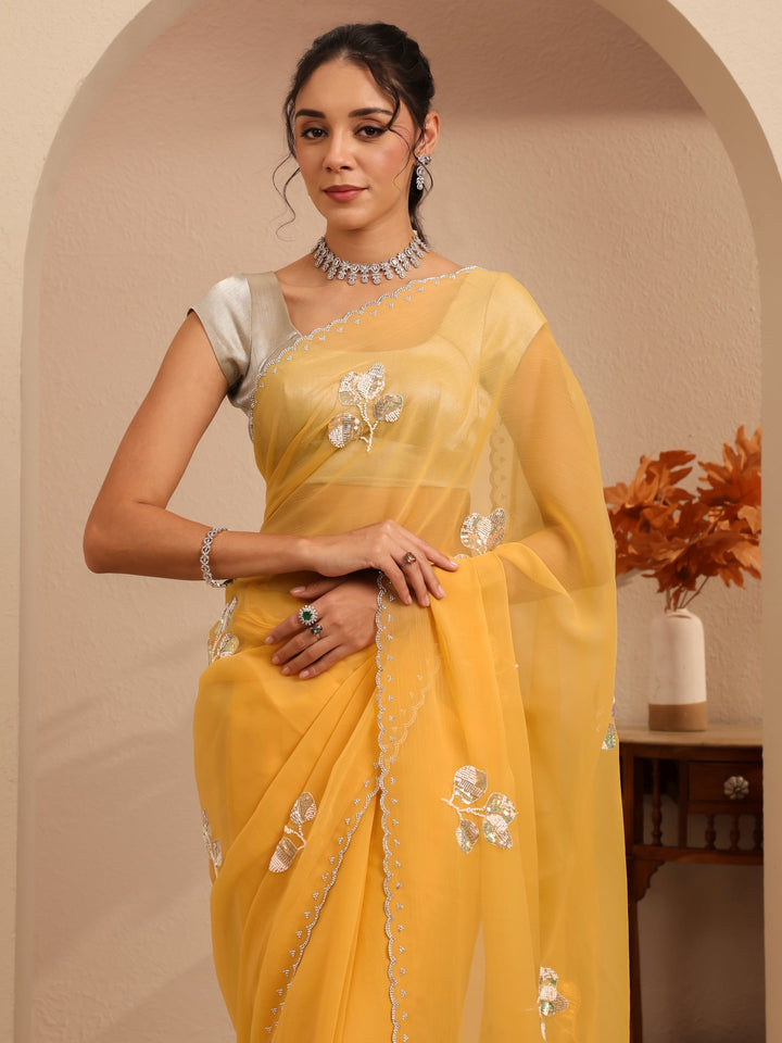 Libas Mustard Yellow Floral Embellished Tissue Saree