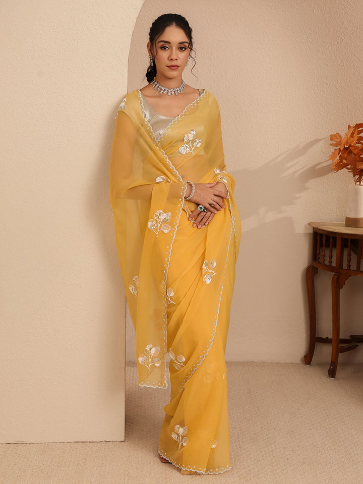 Libas Mustard Yellow Floral Embellished Tissue Saree