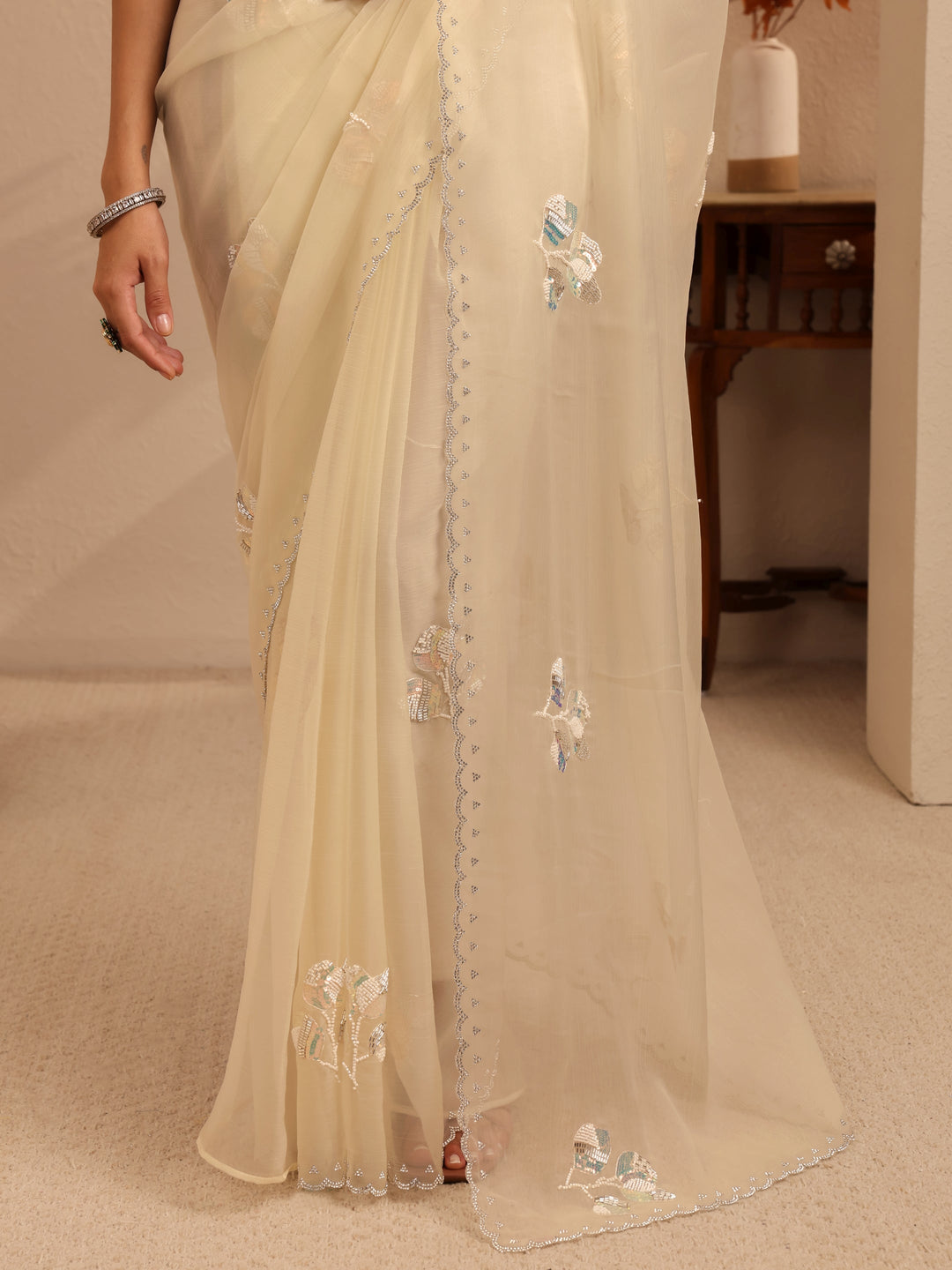 Libas Cream Floral Embellished Tissue Saree