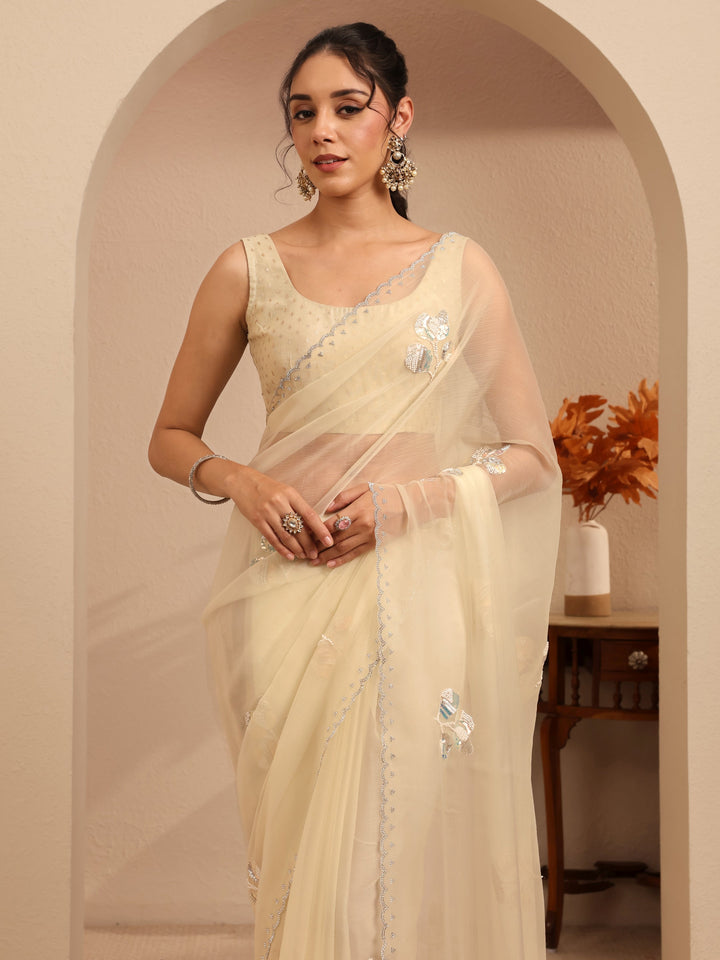 Libas Cream Floral Embellished Tissue Saree