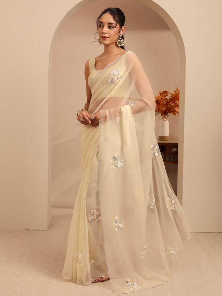 Libas Cream Floral Embellished Tissue Saree