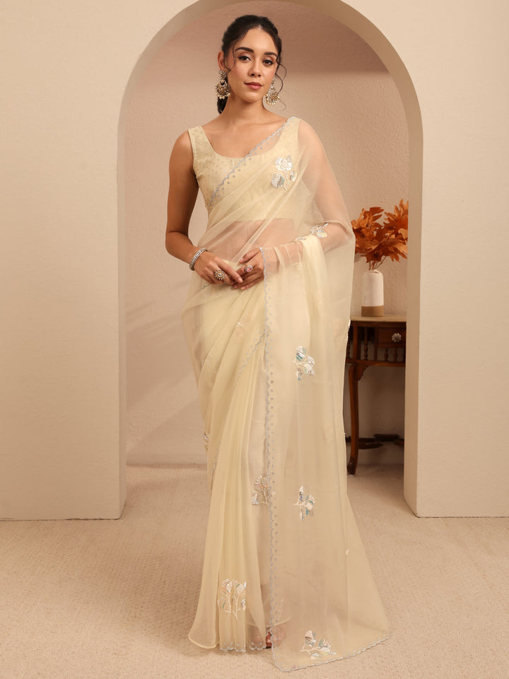 Libas Cream Floral Embellished Tissue Saree