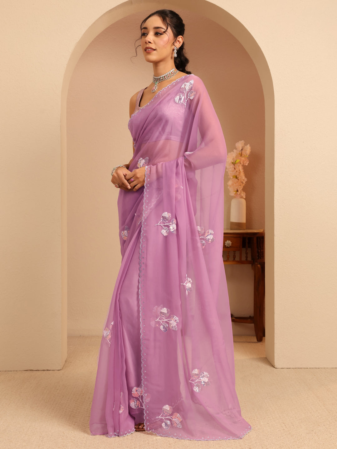 Libas Lavender Floral Embellished Tissue Saree
