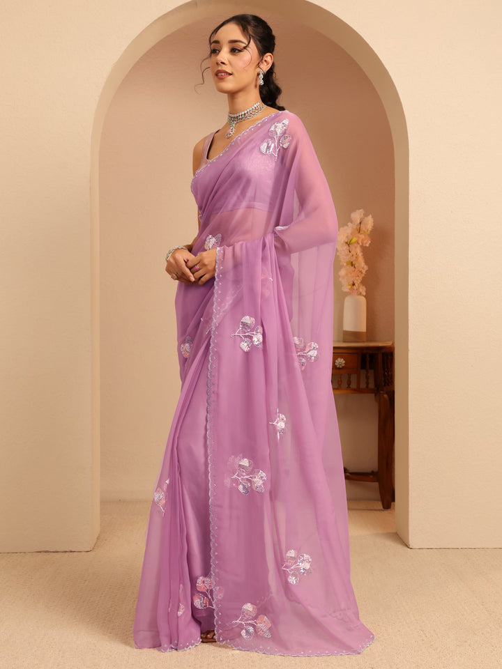 Libas Lavender Floral Embellished Tissue Saree