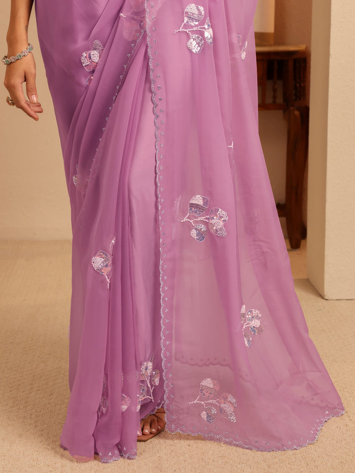 Libas Lavender Floral Embellished Tissue Saree