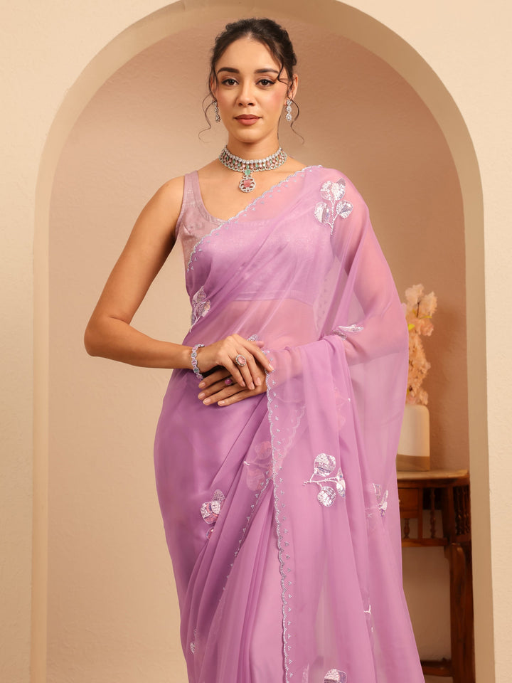 Libas Lavender Floral Embellished Tissue Saree