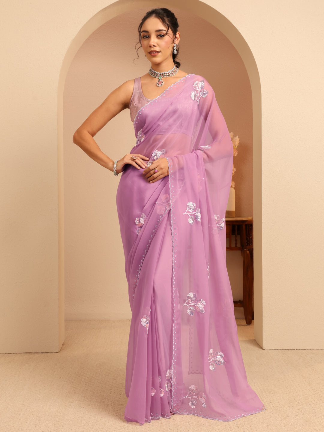 Libas Lavender Floral Embellished Tissue Saree