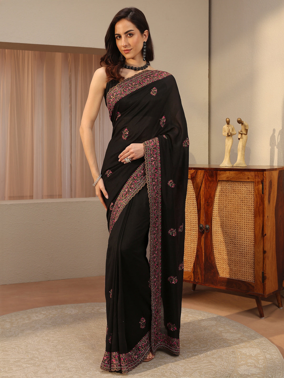 Black Floral Embroidered Silk Blend Saree