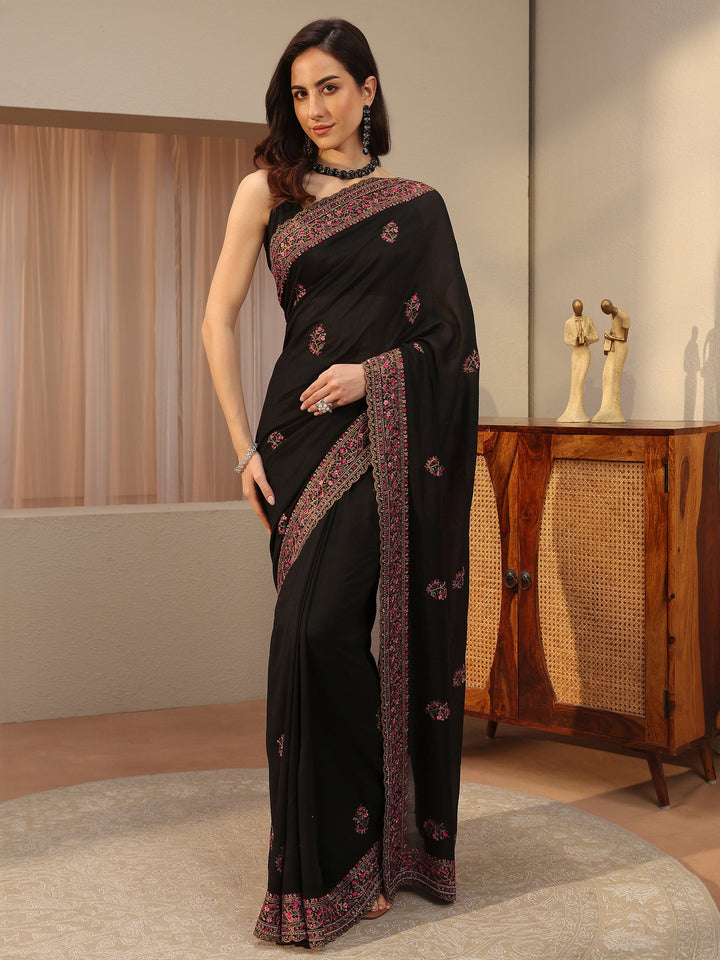 Black Floral Embroidered Silk Blend Saree