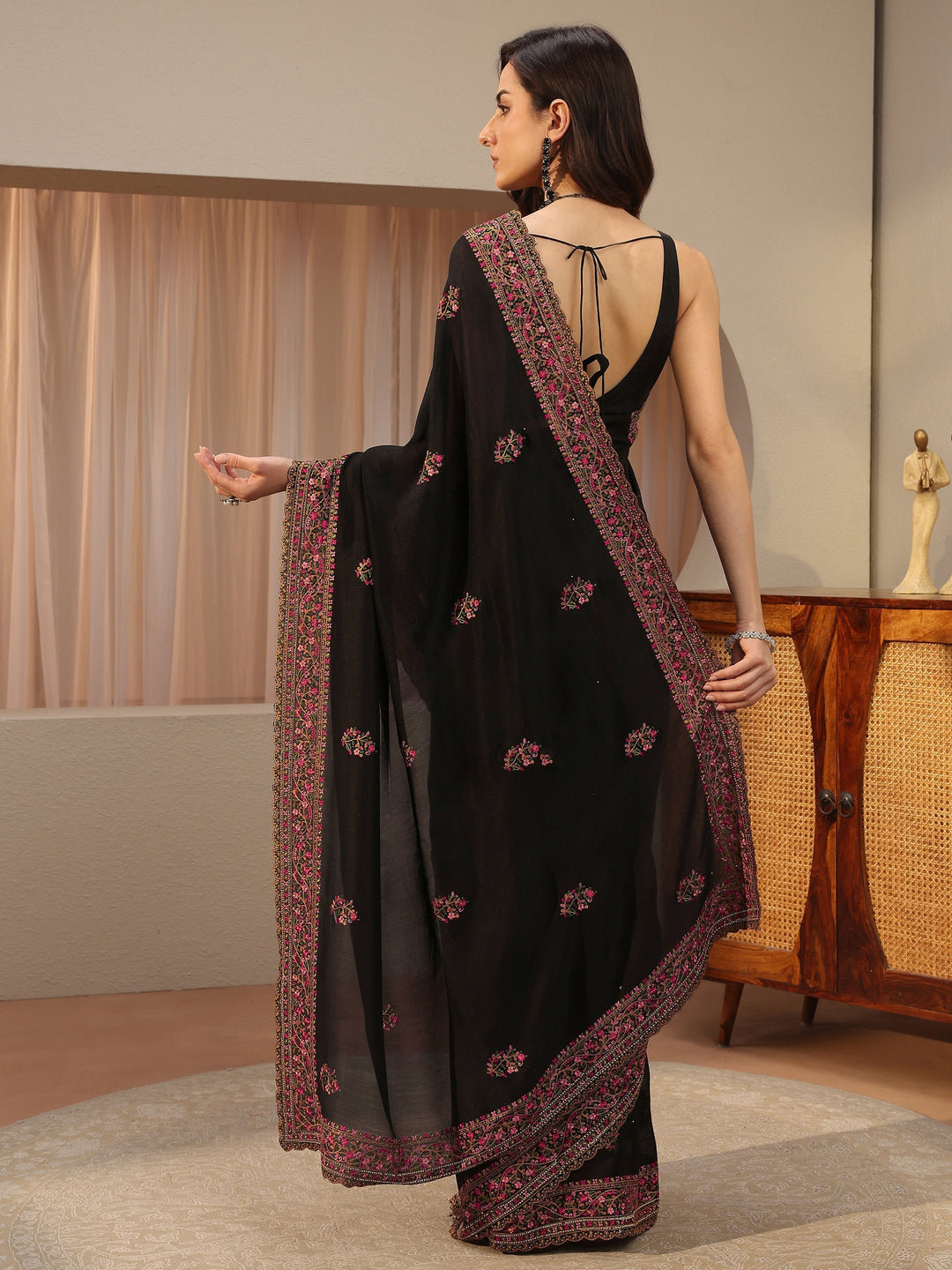 Black Floral Embroidered Silk Blend Saree