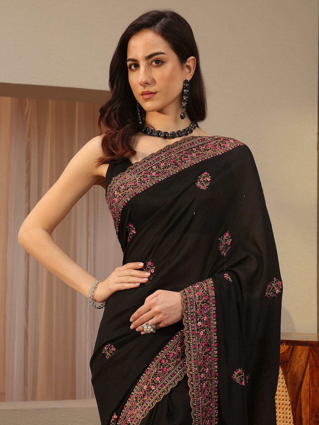Black Floral Embroidered Silk Blend Saree
