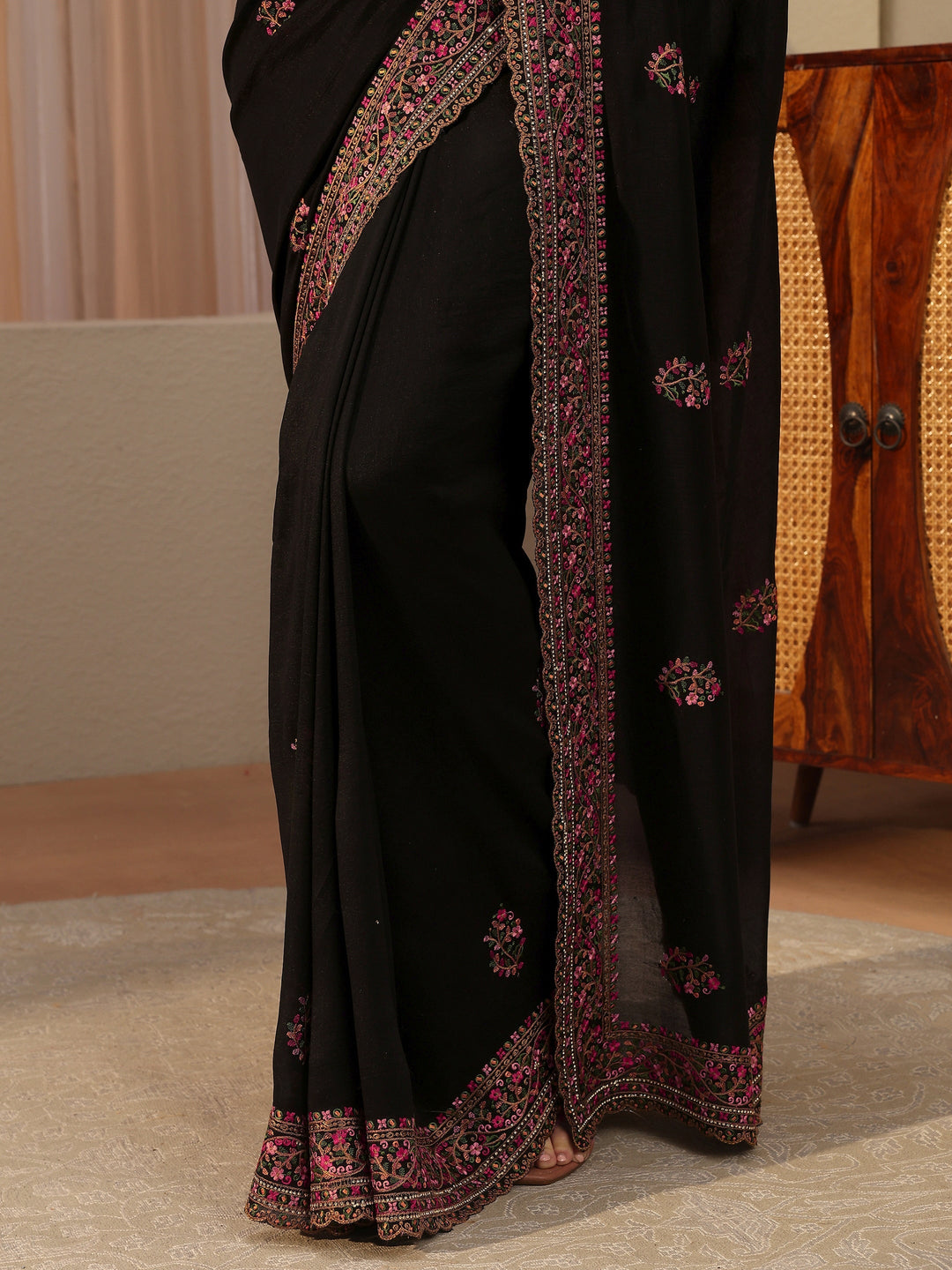 Black Floral Embroidered Silk Blend Saree