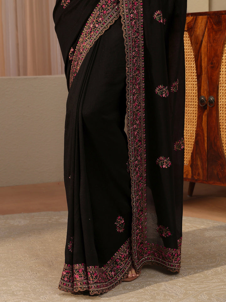 Black Floral Embroidered Silk Blend Saree