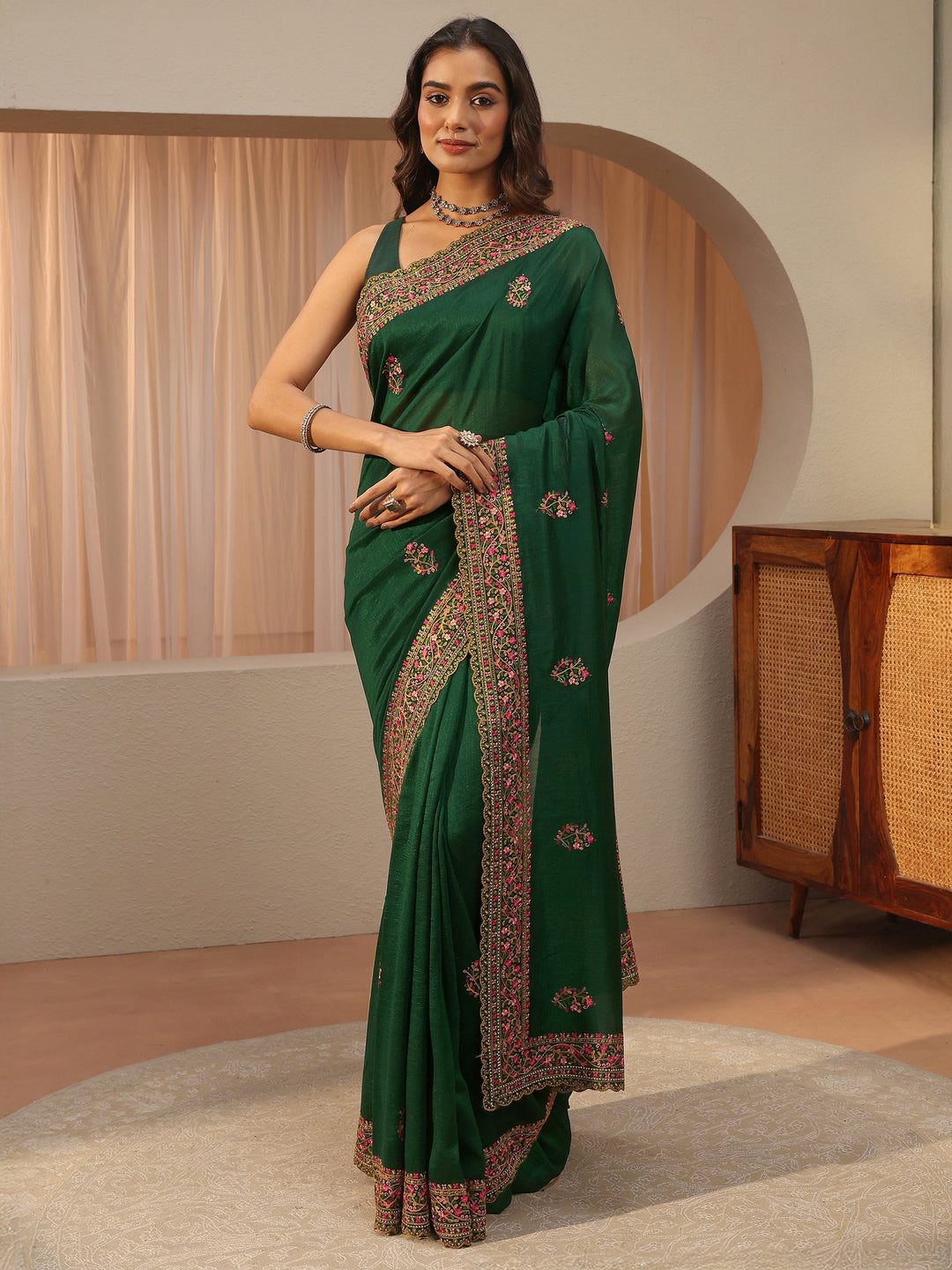 Bottle Green Floral Embroidered Silk Blend Saree