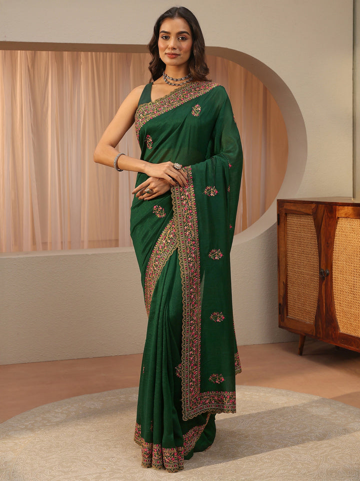 Bottle Green Floral Embroidered Silk Blend Saree