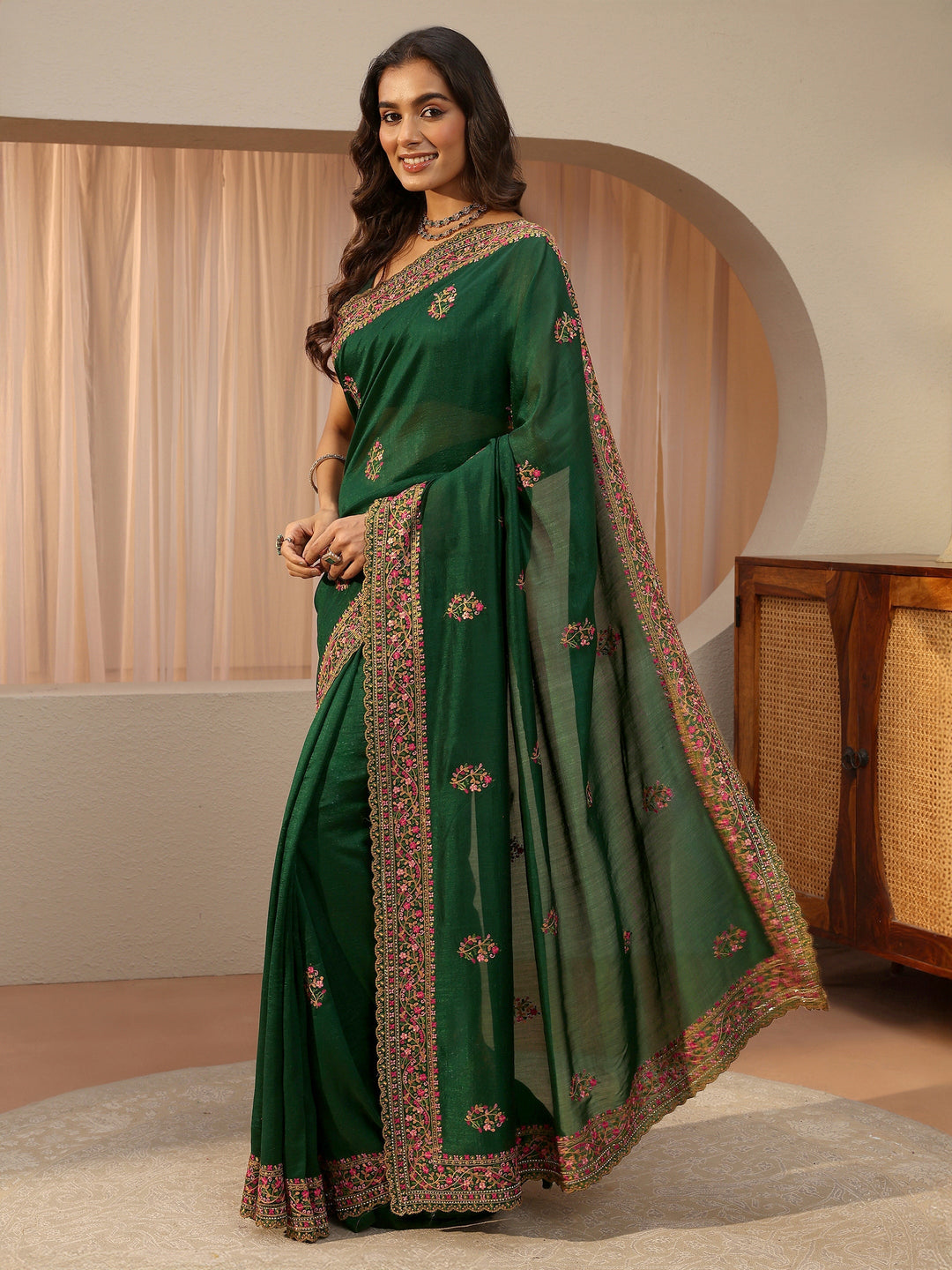 Bottle Green Floral Embroidered Silk Blend Saree