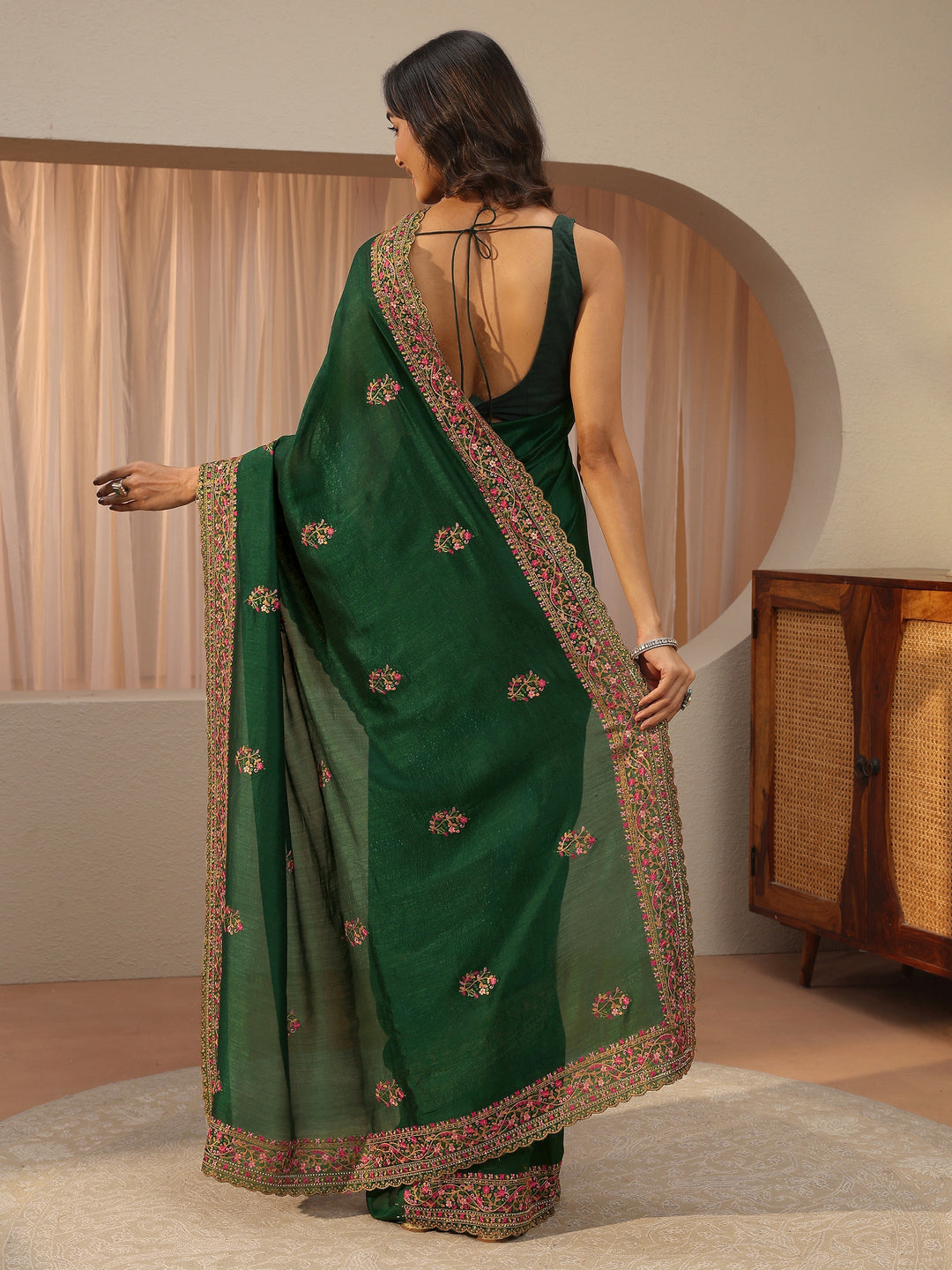 Bottle Green Floral Embroidered Silk Blend Saree