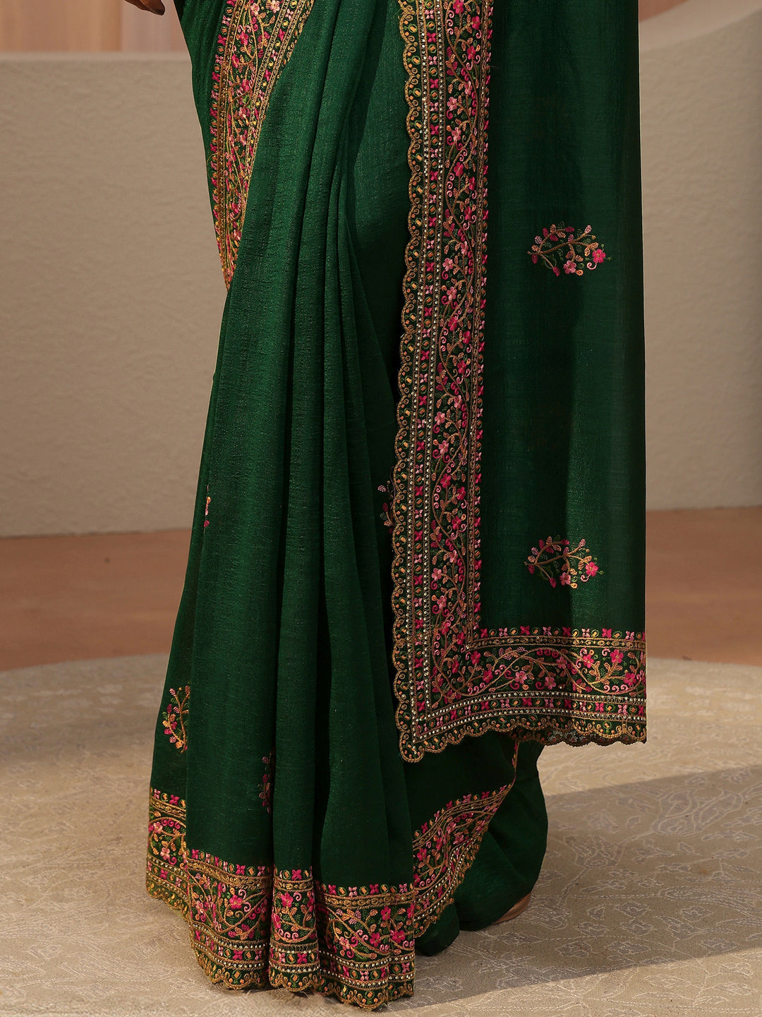 Bottle Green Floral Embroidered Silk Blend Saree