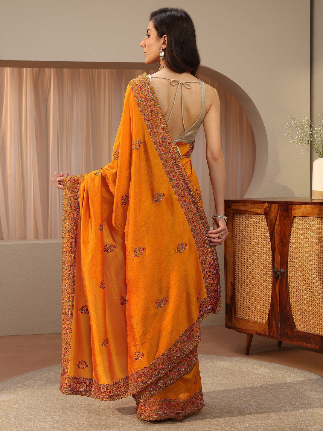 Mustard Floral Embroidered Silk Blend Saree