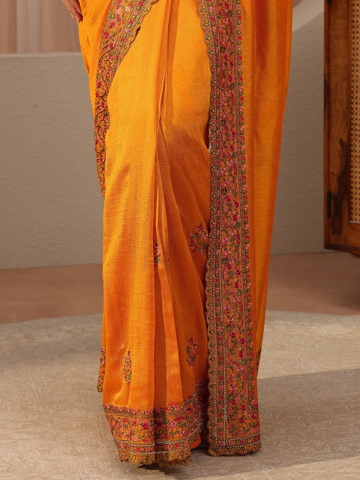 Mustard Floral Embroidered Silk Blend Saree