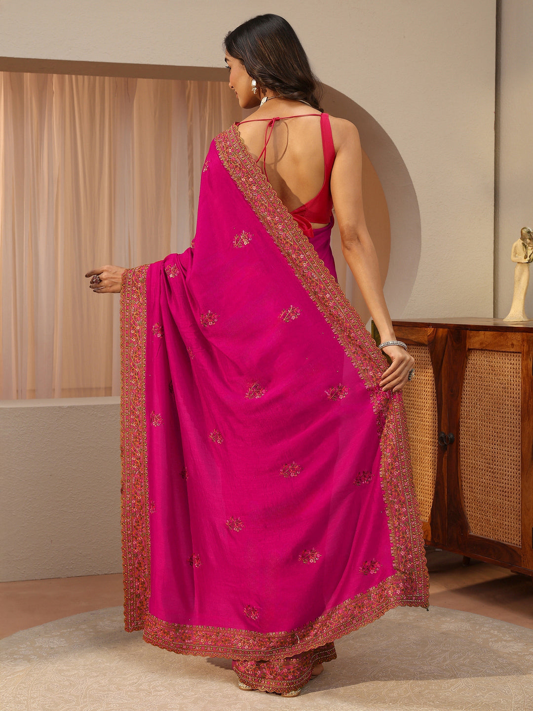 Rani Pink Floral Embroidered Silk Blend Saree