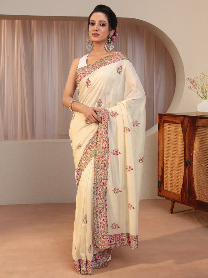 Cream Floral Embroidered Silk Blend Saree