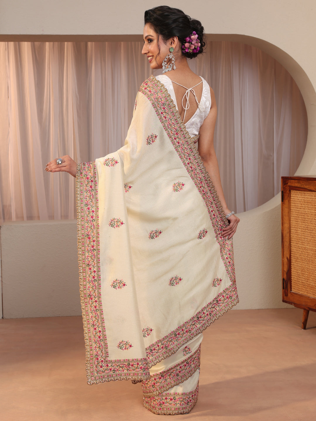 Cream Floral Embroidered Silk Blend Saree