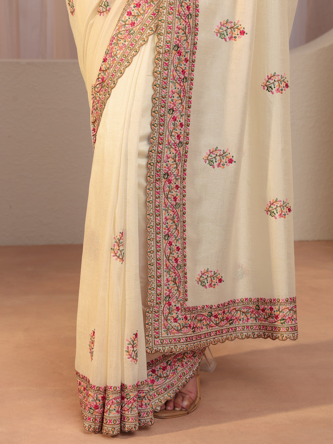 Cream Floral Embroidered Silk Blend Saree