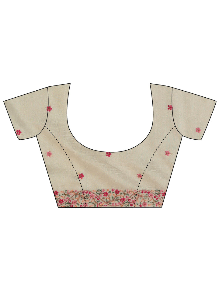 Cream Floral Embroidered Silk Blend Saree
