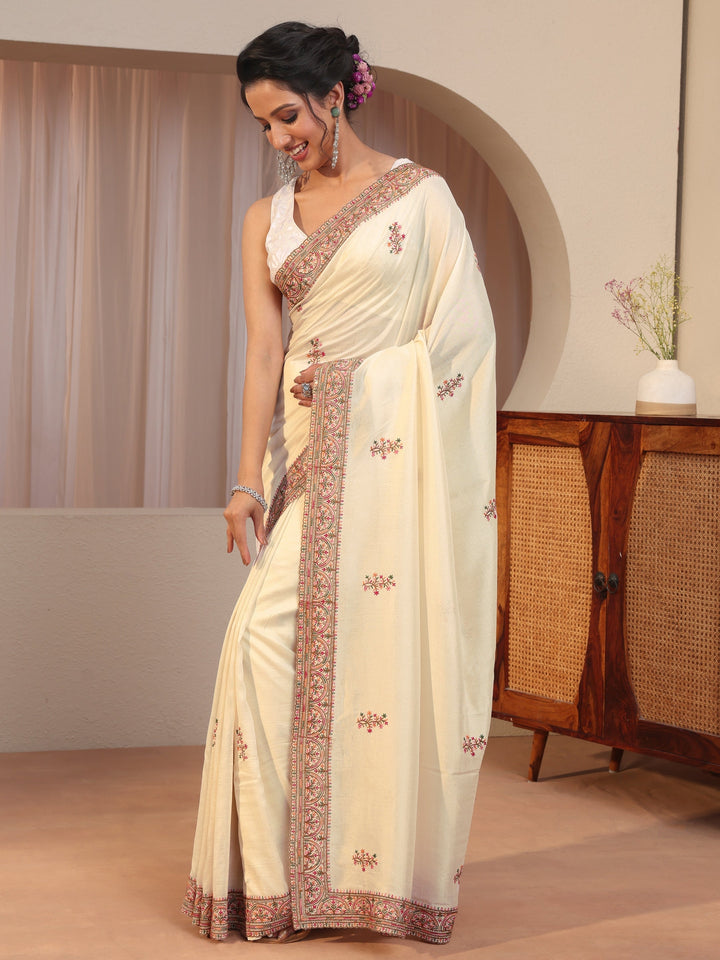 Cream Floral Embroidered Silk Blend Saree