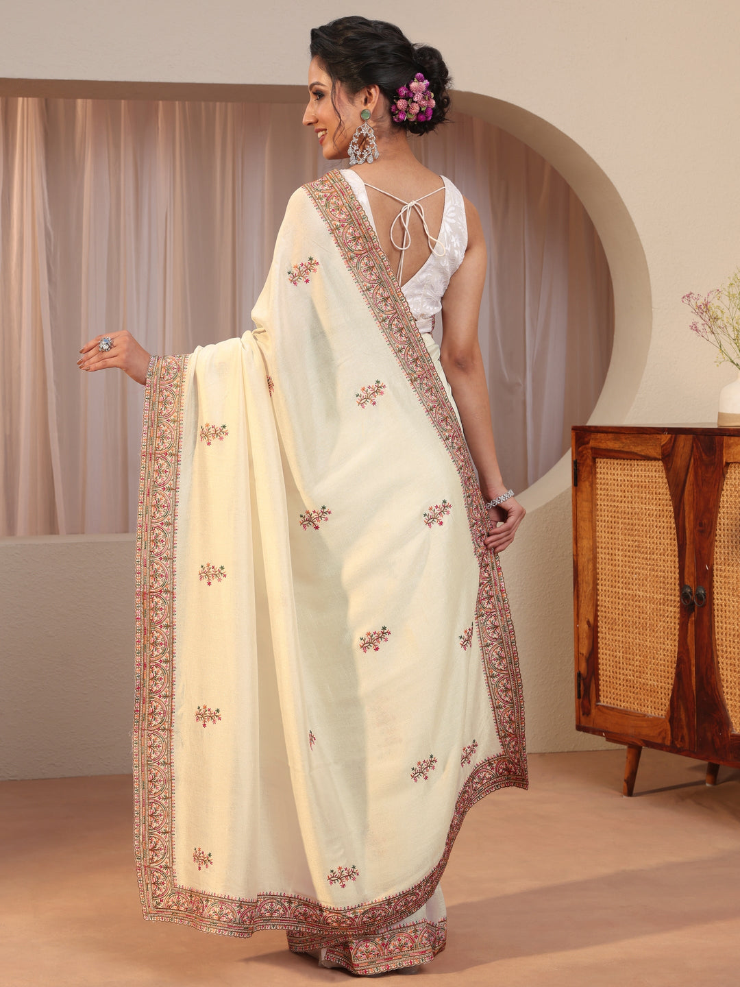 Cream Floral Embroidered Silk Blend Saree