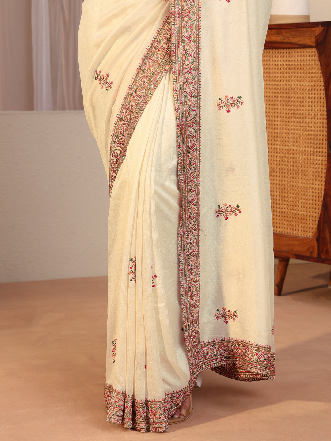 Cream Floral Embroidered Silk Blend Saree