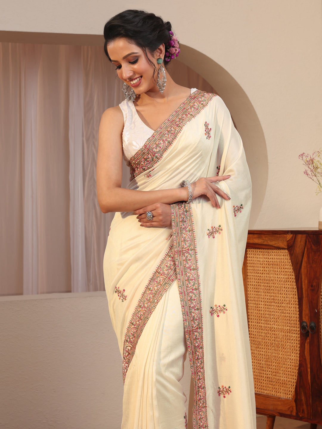 Cream Floral Embroidered Silk Blend Saree