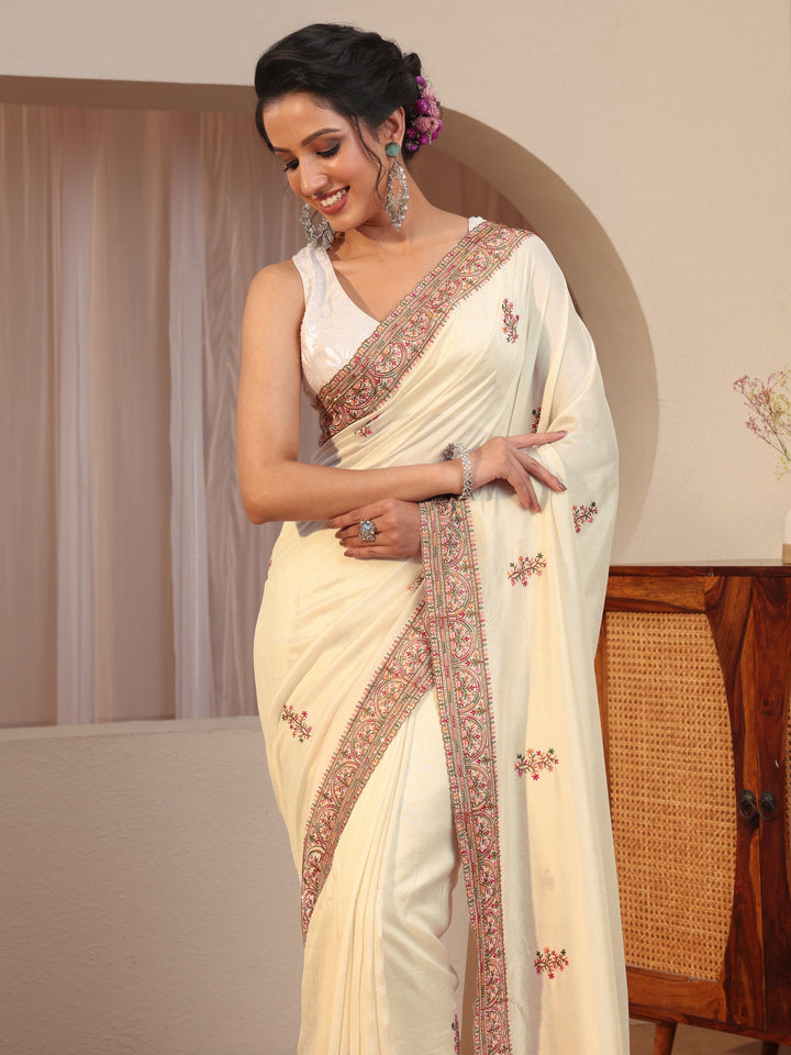Cream Floral Embroidered Silk Blend Saree