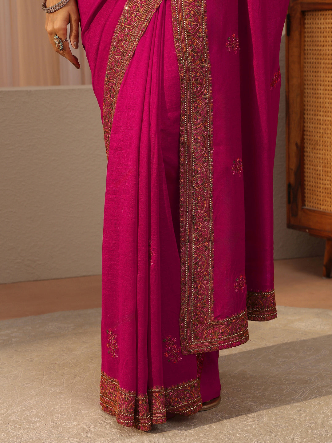 Rani Pink Floral Embroidered Silk Blend Saree