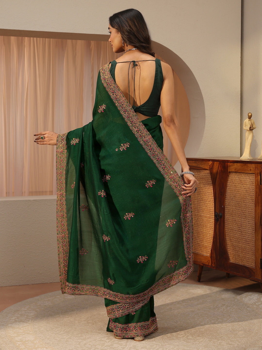 Bottle Green Floral Embroidered Silk Blend Saree