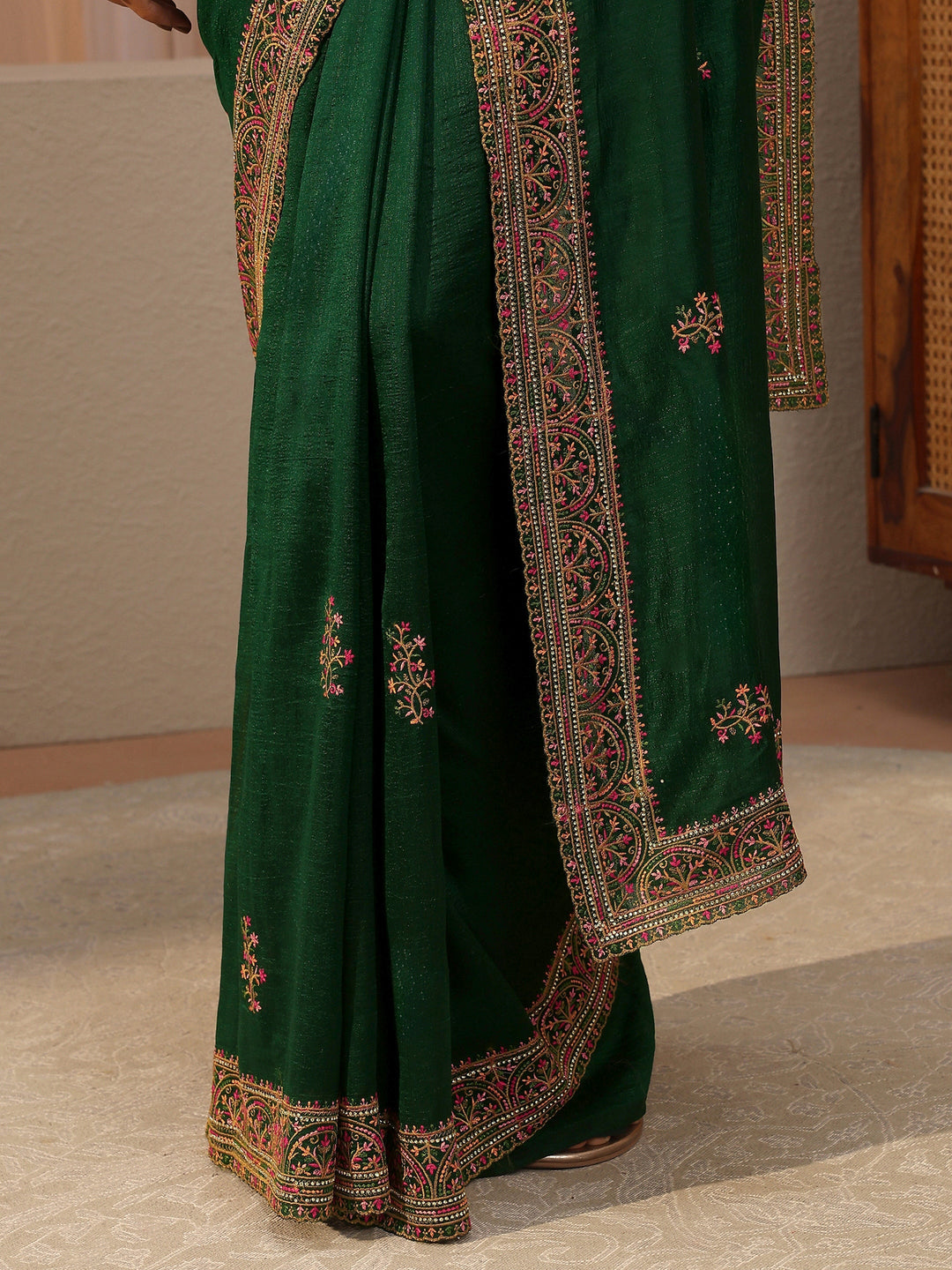 Bottle Green Floral Embroidered Silk Blend Saree