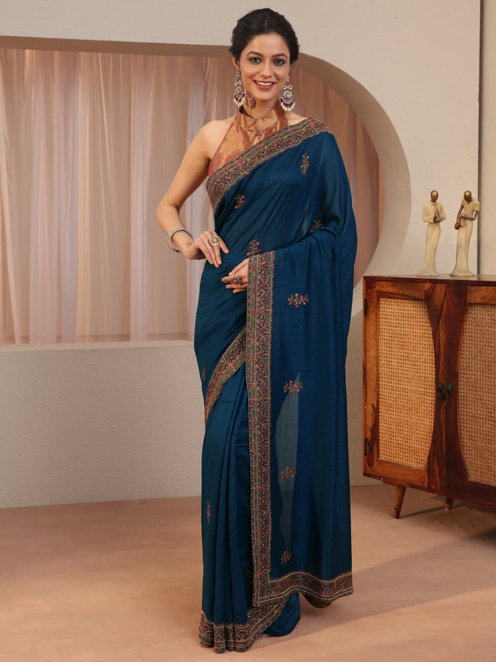 Persian Blue Floral Embroidered Silk Blend Saree