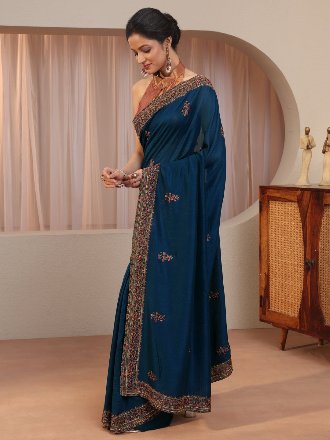 Persian Blue Floral Embroidered Silk Blend Saree