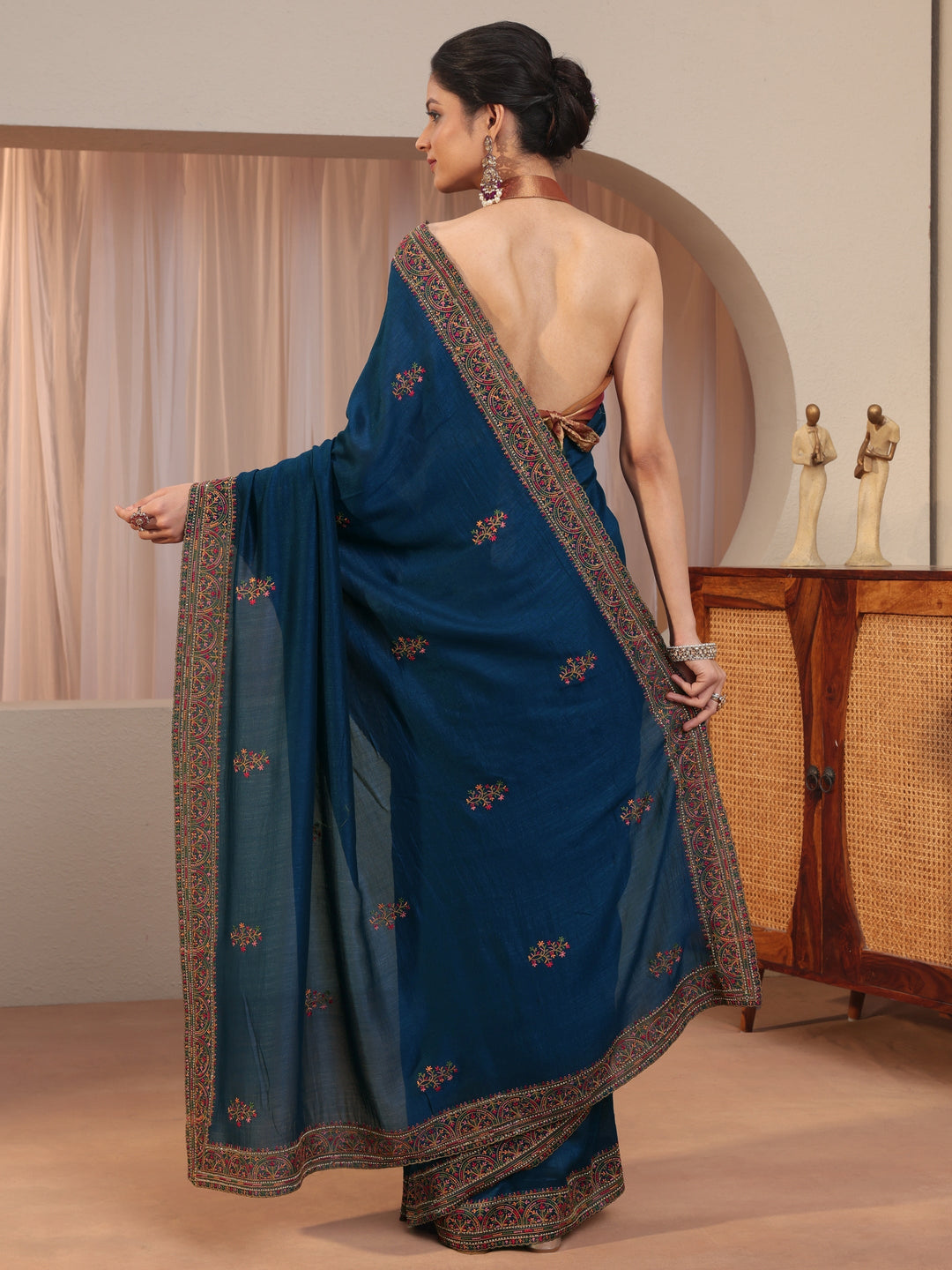 Persian Blue Floral Embroidered Silk Blend Saree