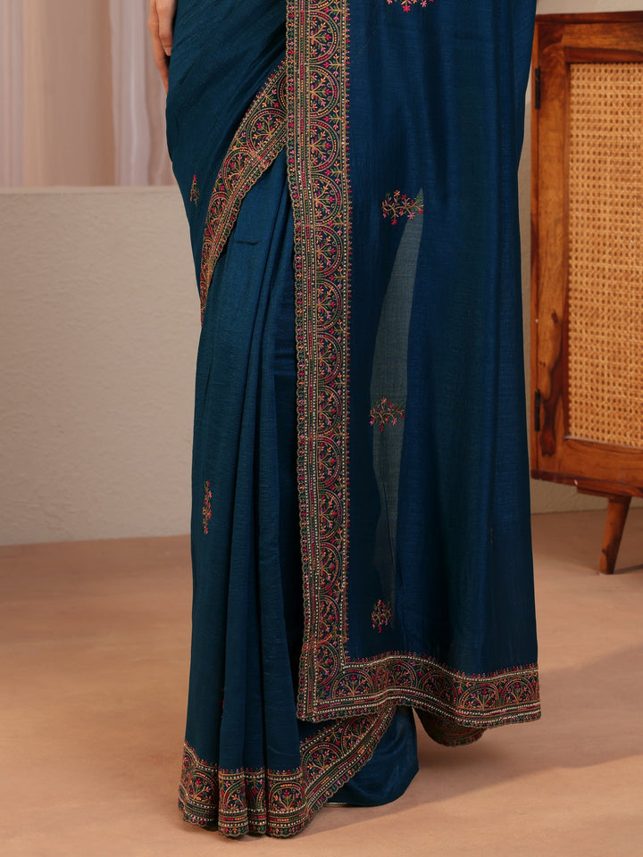 Persian Blue Floral Embroidered Silk Blend Saree
