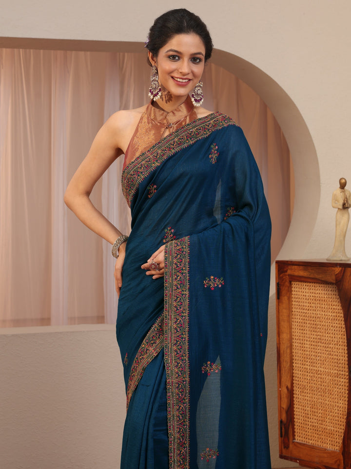 Persian Blue Floral Embroidered Silk Blend Saree