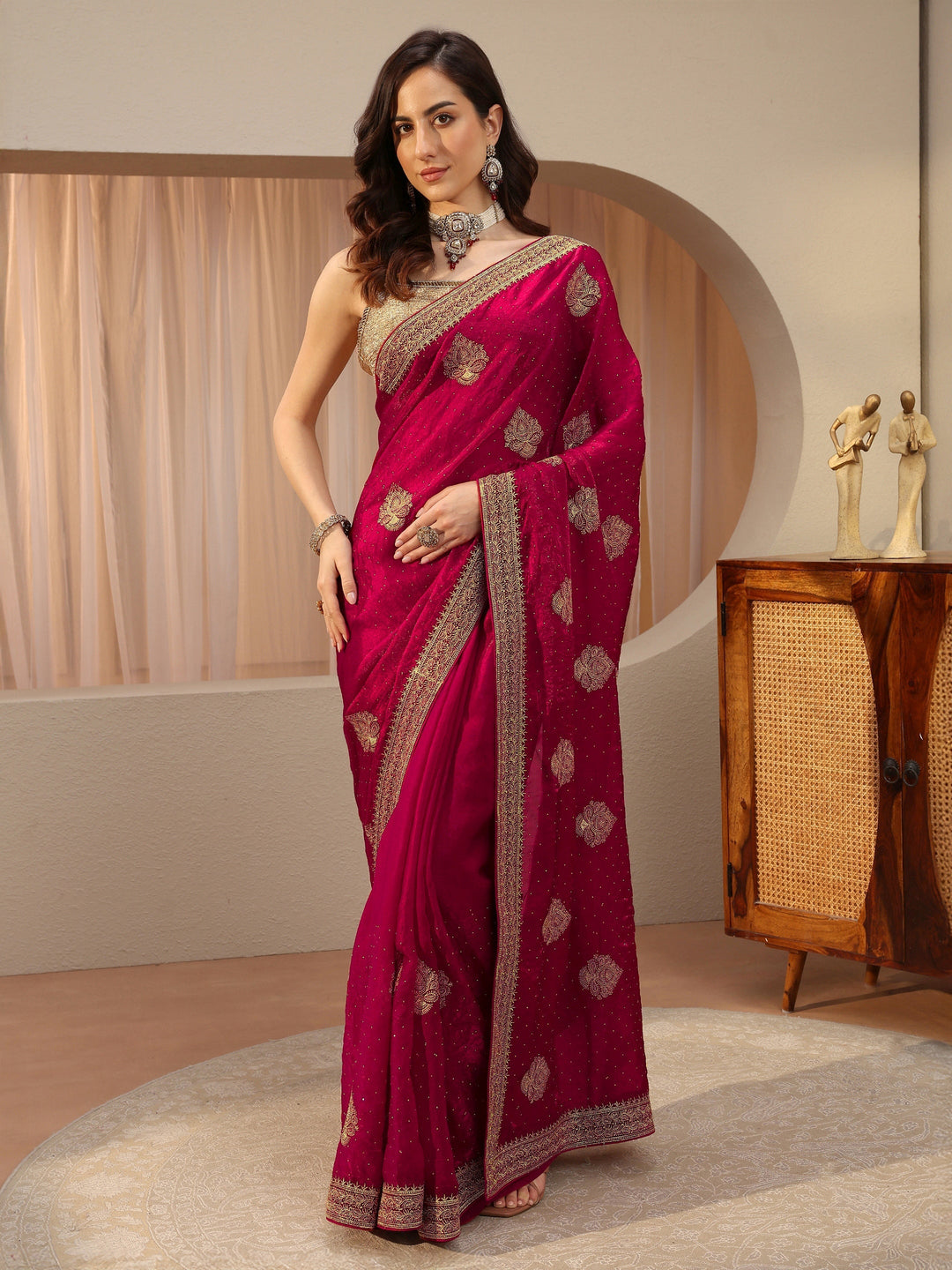 Rani Pink Ethnic Embellished Tissue Saree