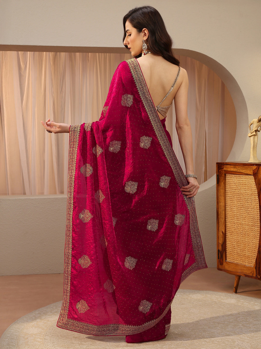 Rani Pink Ethnic Embellished Tissue Saree