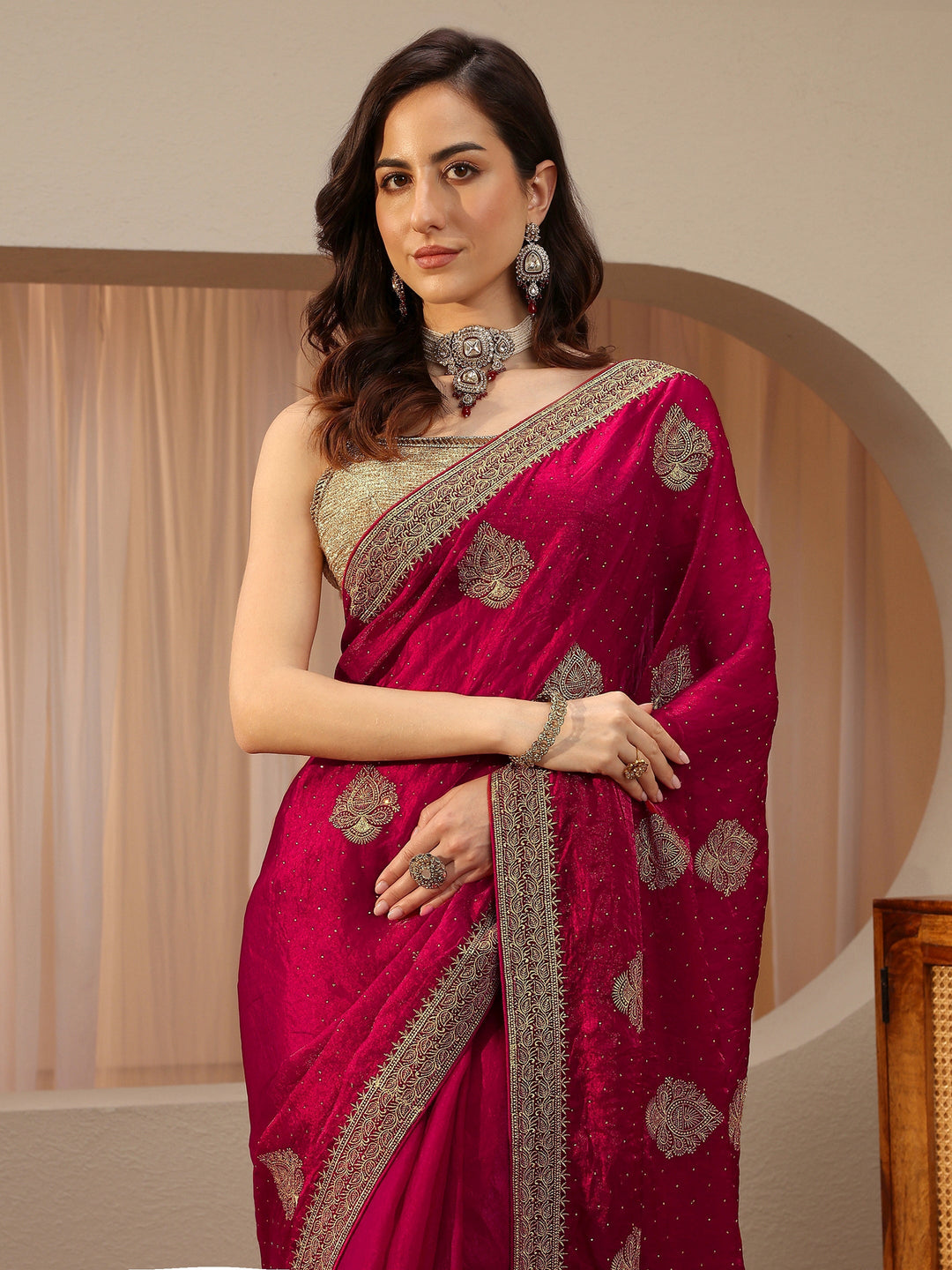 Rani Pink Ethnic Embellished Tissue Saree